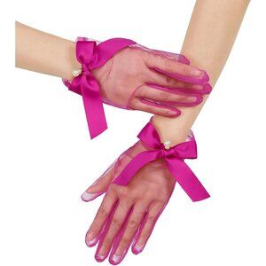 Women's Tulle Mesh Fuchsia Bow Pearl Short Gloves Hallowmas Wedding Accessory